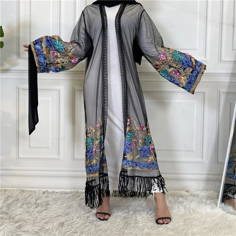 Dubai Mesh Embroidered Maxi Dress Women Tassel Open Abaya Muslim Party Gown Islamic Caftan Moroccan Kaftan Eid Ramadan Caftan