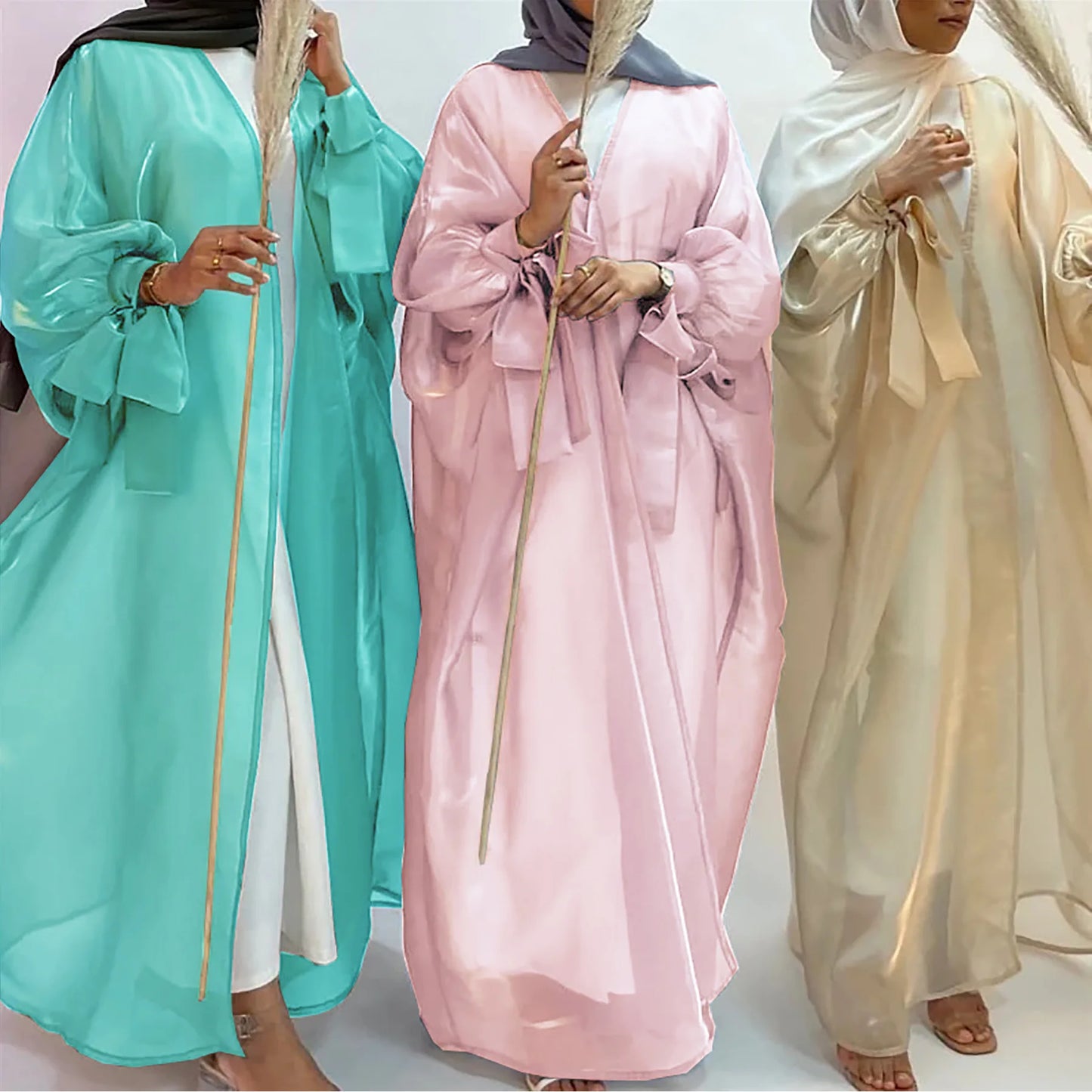 Women Eid Muslim Abaya Islam Arab Cardigan Long Robe Dubai Bow Abayas Loose Casual Solid Color Slight Strech 2024