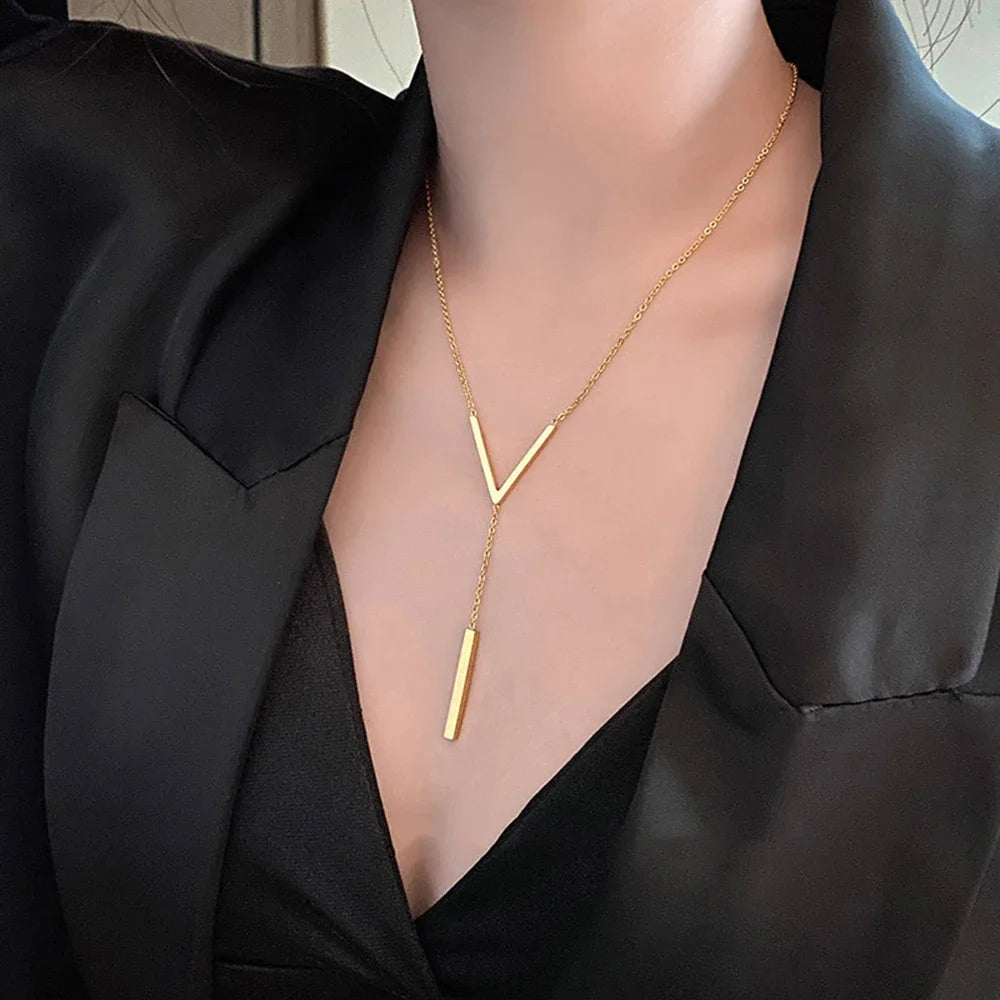 SUMENG New V-shaped Long Sexy Clavicle Gold Colour Chain Necklace Choker for Women 2024 Fashion Jewelry Party Gifts