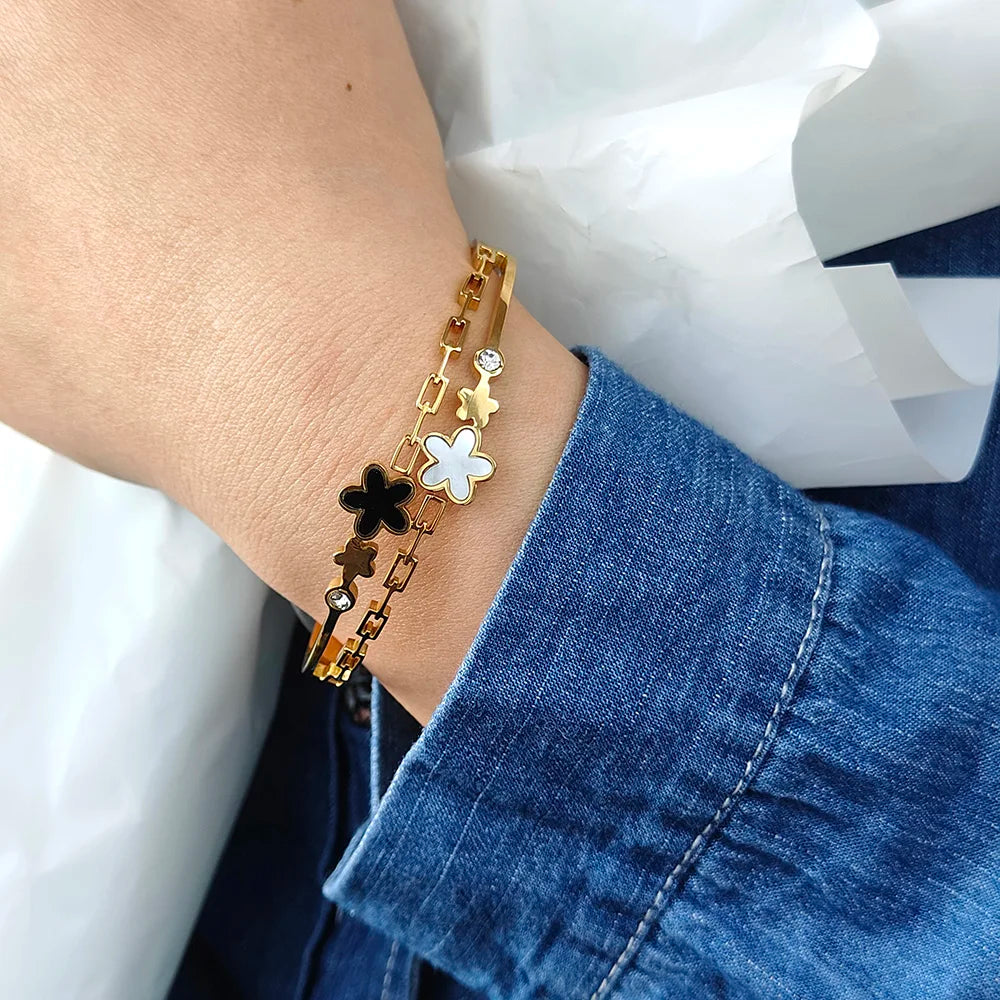 Fashion Gold Color Stainless Steel Flower Luxury Bracelets & Bangles for Women Cute Charm Bracelet Jewelry Party Gift Wholesale