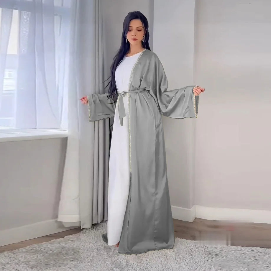 Luxury Crystal Kaftan 2 Piece Sets Muslim Abaya Women Satin Long Dress Islam Clothing Ramadan Eid Dubai Robe Morocco Jalabiya