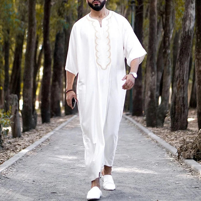 2023 Muslim Men's Robe Arab National Loose Casual V-Neck Mid Sleeve Retro Muslim Men's Jumpsuit Summer M-4XL