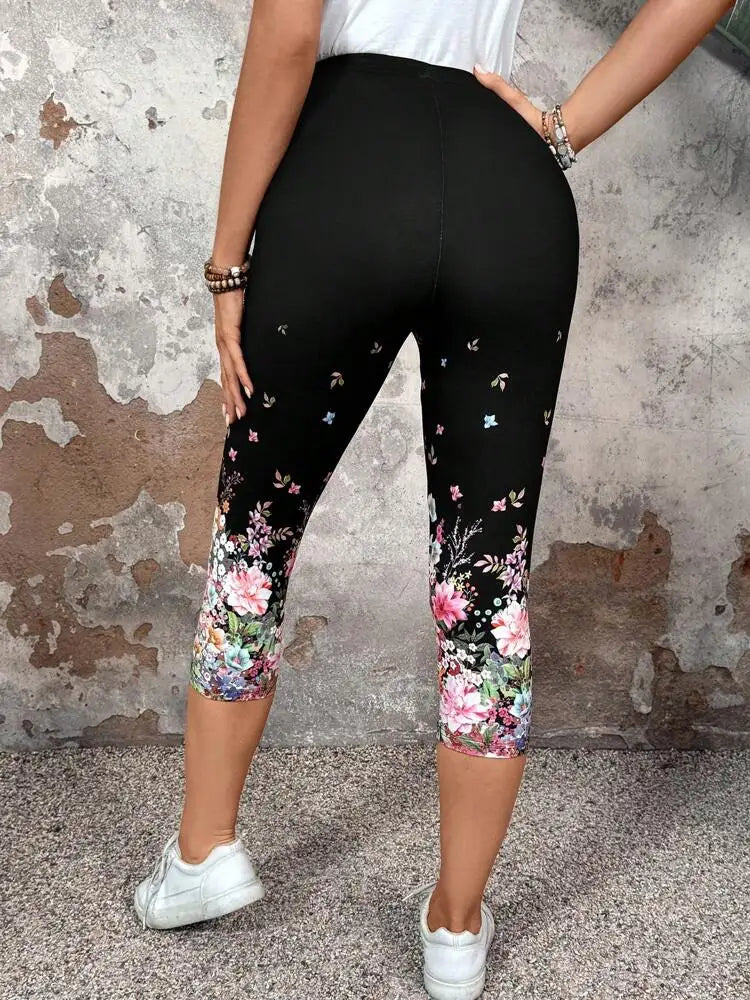 Floral print elastic elastic waist slim-fit women's leggings casual skinny capri pants