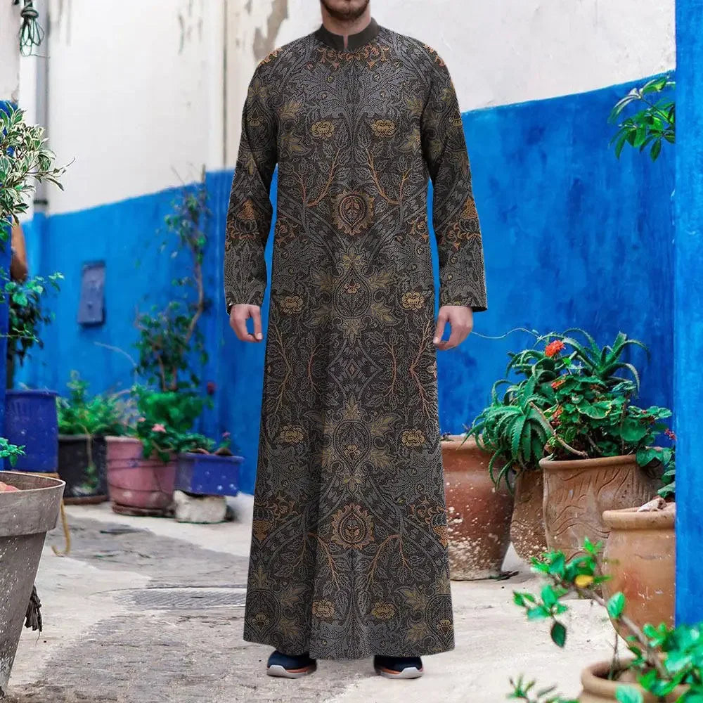 Muslim Men Fashion Abaya Arabic Islamic Clothing Loose Shirt Robe Jubba Thobe Ethnic Print Saudi Arab Middle East Male Vestidos