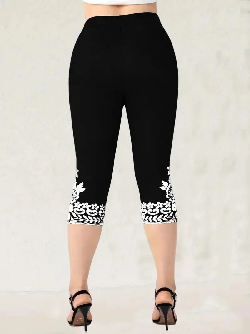 Print elastic elastic waist slim casual leggings capri pants for women