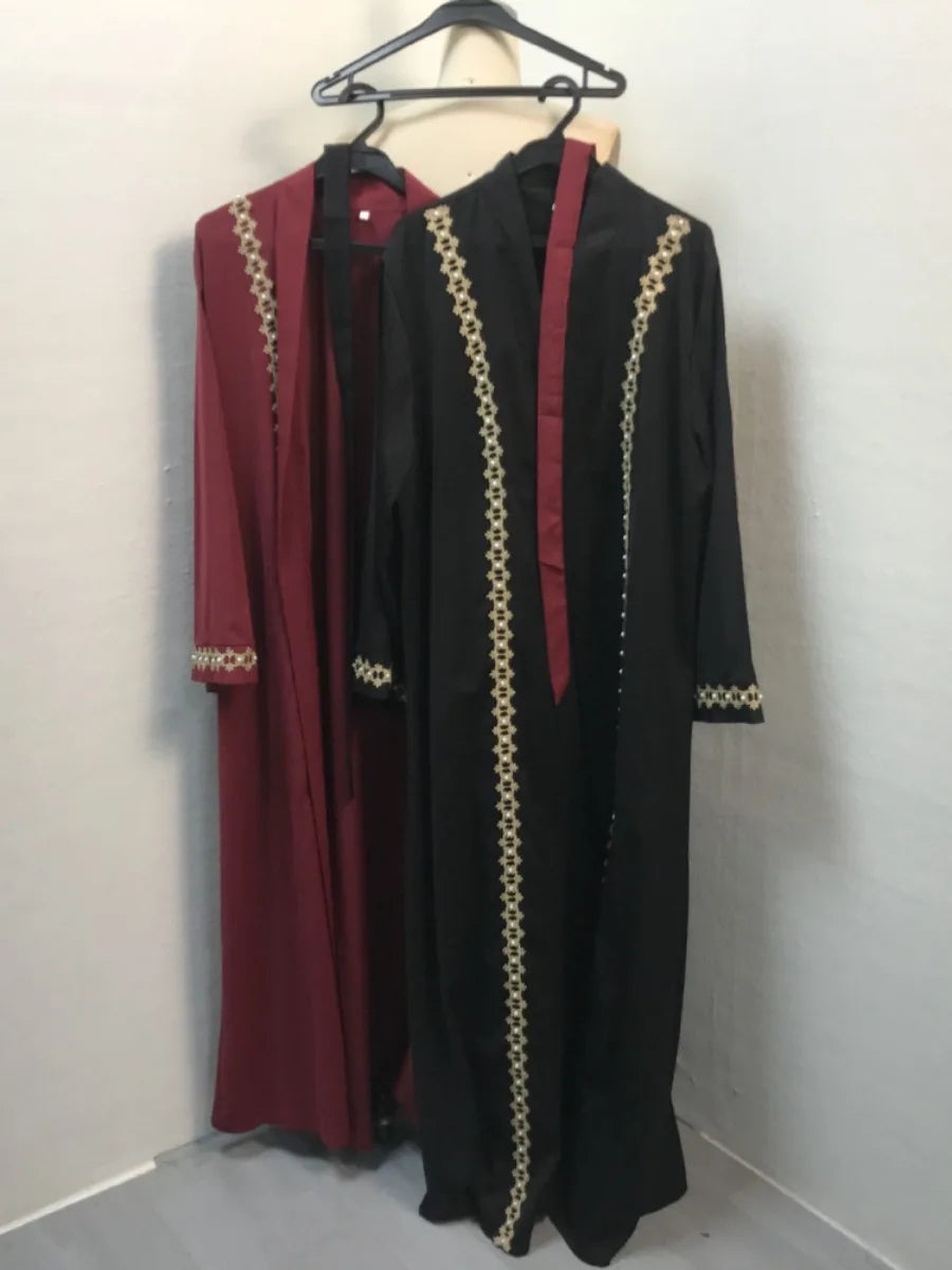 Women Eid Muslim Dubai Cardigan Embroidery Abayas Ramadan Saudi Arabia  Abaya  Vestidos Modest Long Robe Patchwork Belt