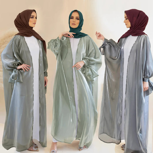 Women Eid Muslim Abaya Islam Arab Cardigan Long Robe Dubai Bow Abayas Loose Casual Solid Color Slight Strech 2024