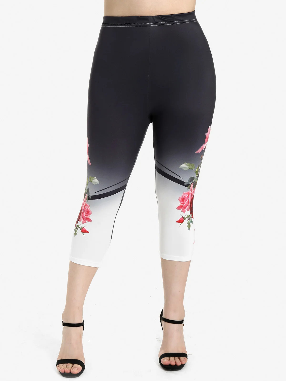 ROSEGAL S-5XL Plus Size Women's Skinny Leggings Fashion High Waist Rose Print Capri Jeggings Daily Running Sports Fitness Pants