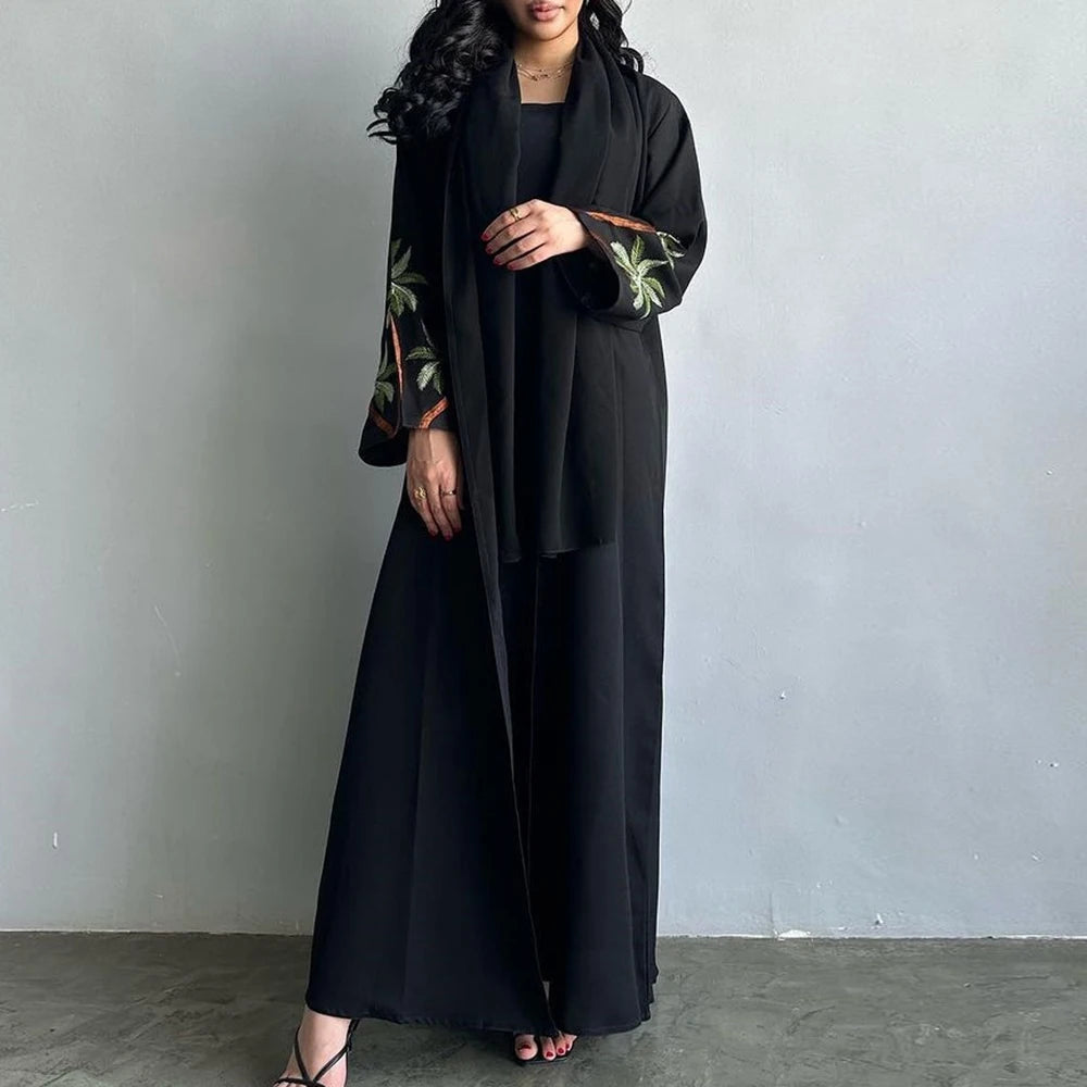 New 2024 Black Casual Open Kimono Abaya For Muslim Women Ramadan Eid Jalabiya Embroidery Long Sleeve African Moroccan Robe