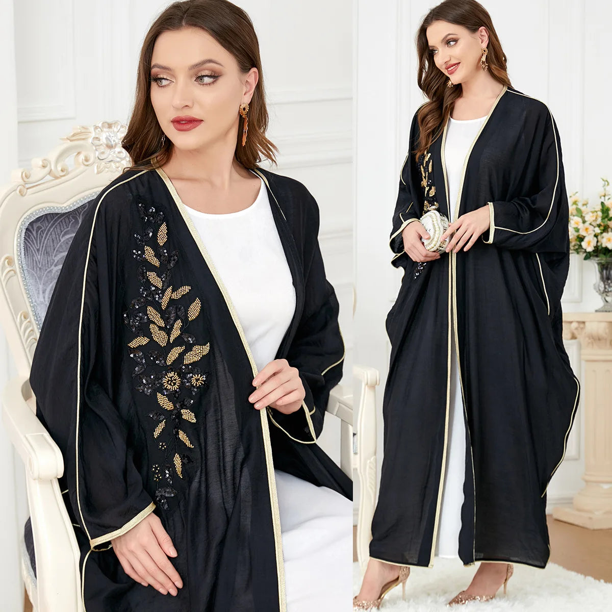 muslim dresses for women robe femme New autumn long-sleeved patchwork bat-sleeve slim black open abaya women 3276