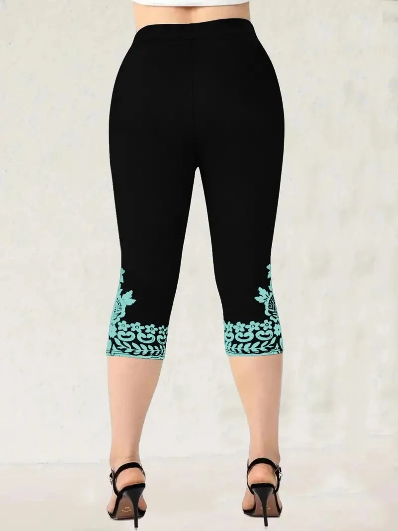 Print elastic elastic waist slim casual leggings capri pants for women