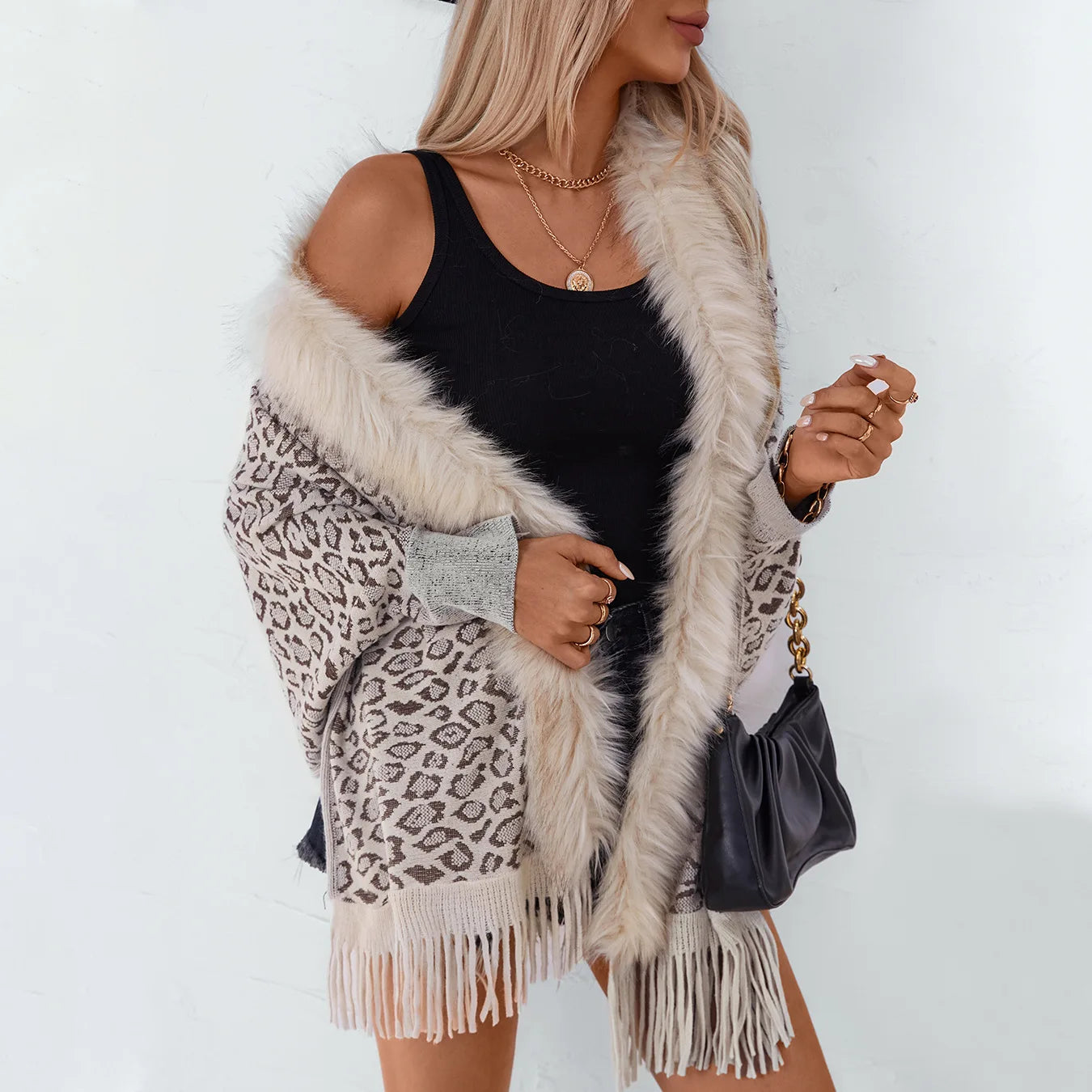 Leopard Print Fur Collar Knitted Shawl 2024 Autumn Winter Loose Bat Sleeves Tassel Sweater Cape Cardigan for Women