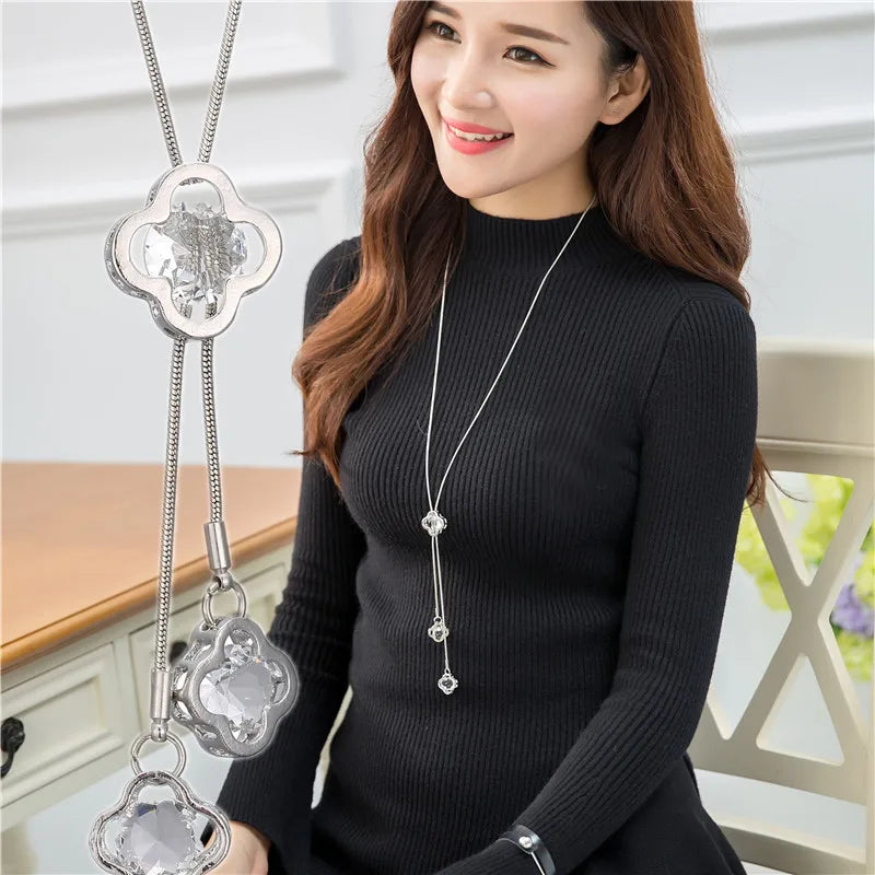 Women Pendant Necklaces Hollow Leaves Flower Crystal Sweater Chain Crystal Long  Tassel Necklace Accessories