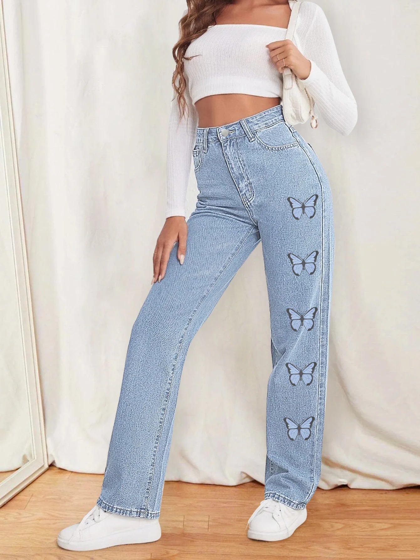 Butterfly printed women's jeans straight pants