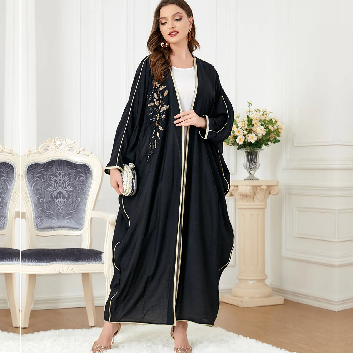 muslim dresses for women robe femme New autumn long-sleeved patchwork bat-sleeve slim black open abaya women 3276