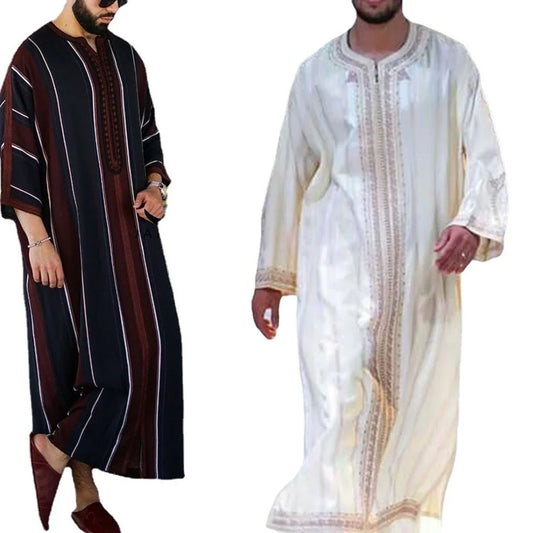 Muslim Men Fashion Abaya Arabic Islamic Clothing Loose Shirt Robe Jubba Thobe Ethnic Print Saudi Arab Middle East Male Vestidos