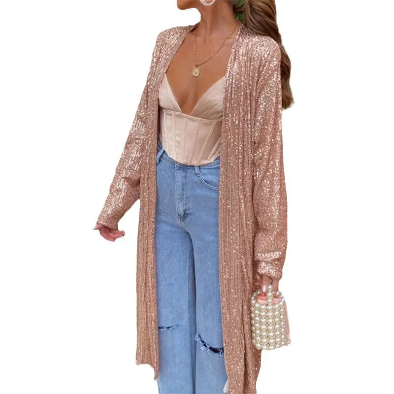 2024 Sequins Spring Autumn Women's New Fashion Coats Sexy Ladies Elegant Jacket In The Long Section Sequins Cardigan Jacket