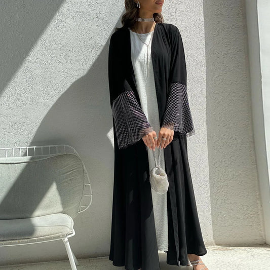 2024 New Muslim Ramadan Eid Black Open Kimono Abaya Elastic Drilling Net Shalwar Kameez Casual Loose Moroccan Gulf Women Robe