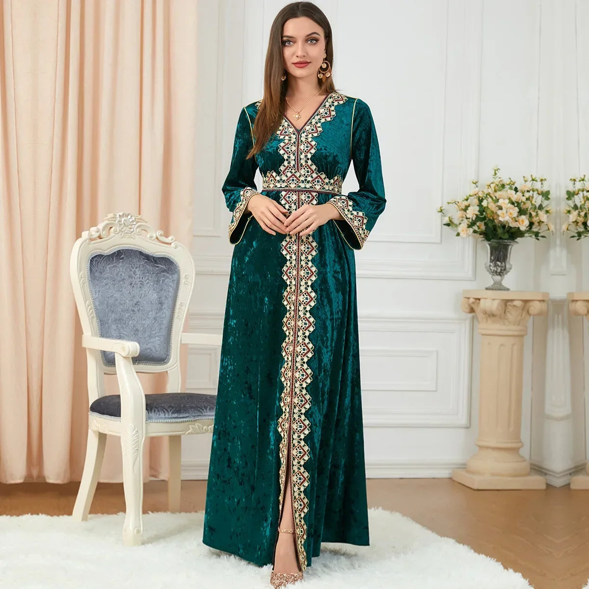 Muslim Abayas for Women Light Luxury Dubai Indian Dress Muslim Corduroy Dress Embroidered Dress Fashion Slit Long Sleeves Dress