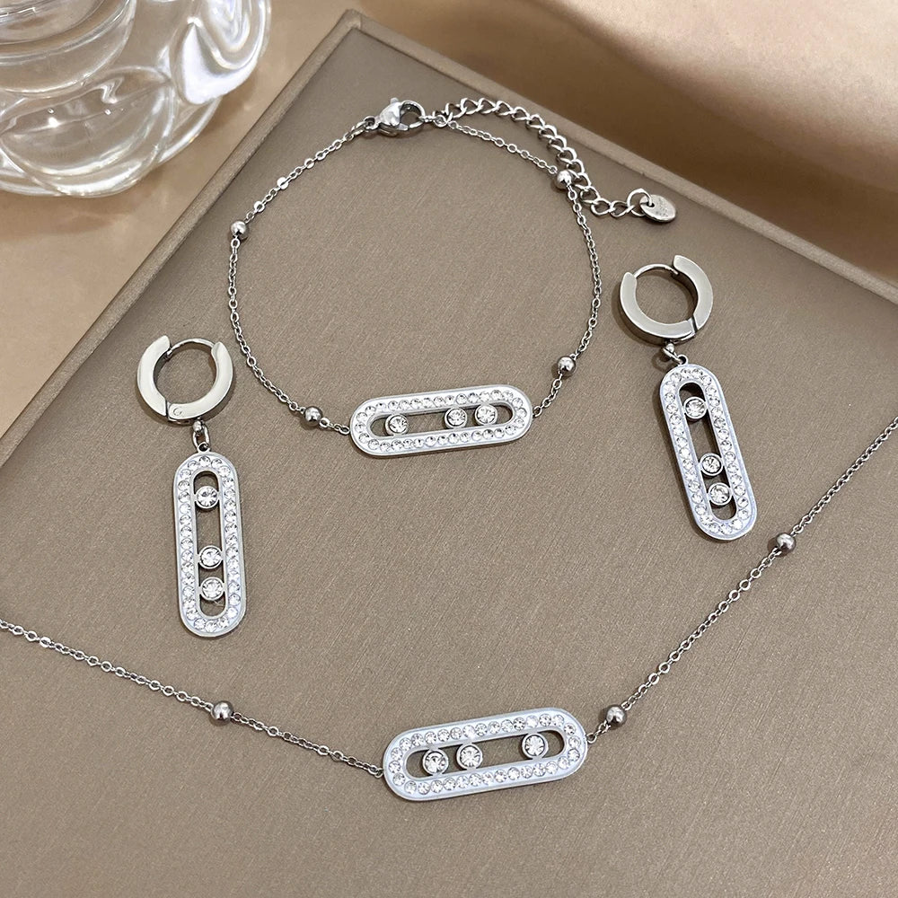 DODOHAO 316L Stainless Steel Rhinestones Pin Shape Ellipse Geometric Pendant Bracelets Necklace Earrings for Women Jewelry Set