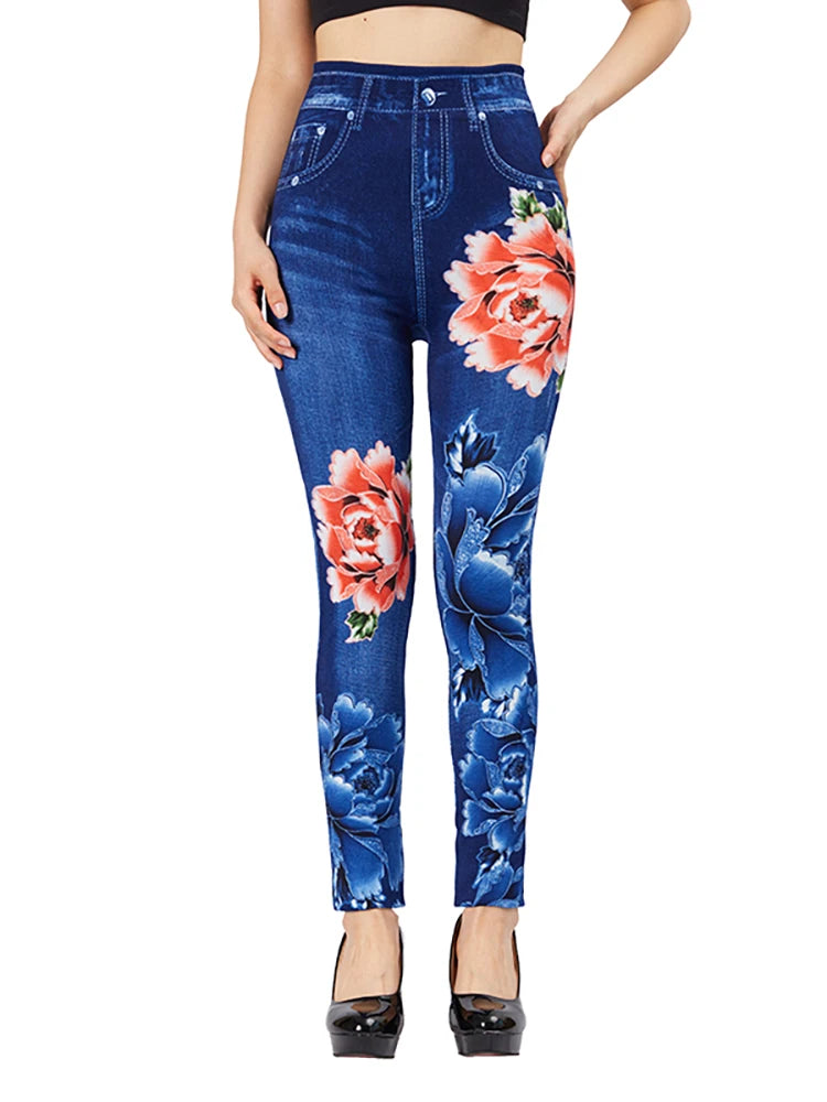 Leggings CUHAKCI Blue Red Flower Print Fake Pockets Jeans Stretch False Jeggings Women Slim Fit Leggings Plus Size Imitation Denim Pants