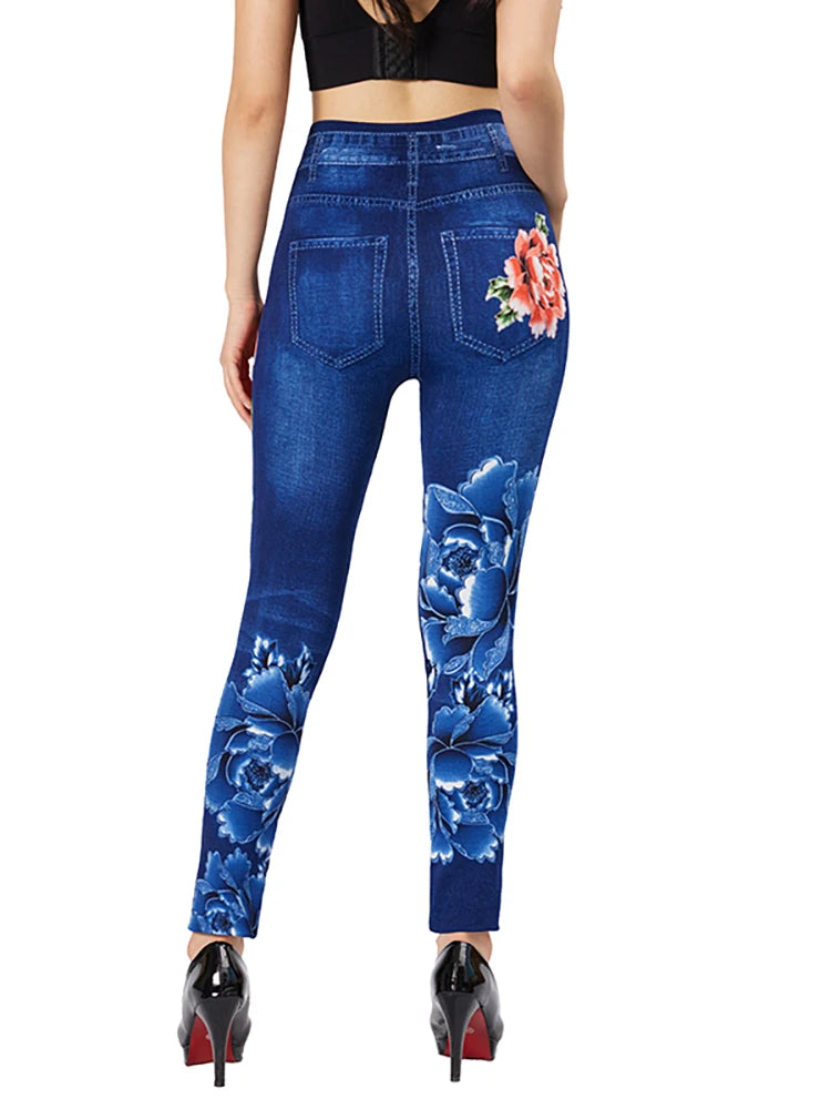 Leggings CUHAKCI Blue Red Flower Print Fake Pockets Jeans Stretch False Jeggings Women Slim Fit Leggings Plus Size Imitation Denim Pants