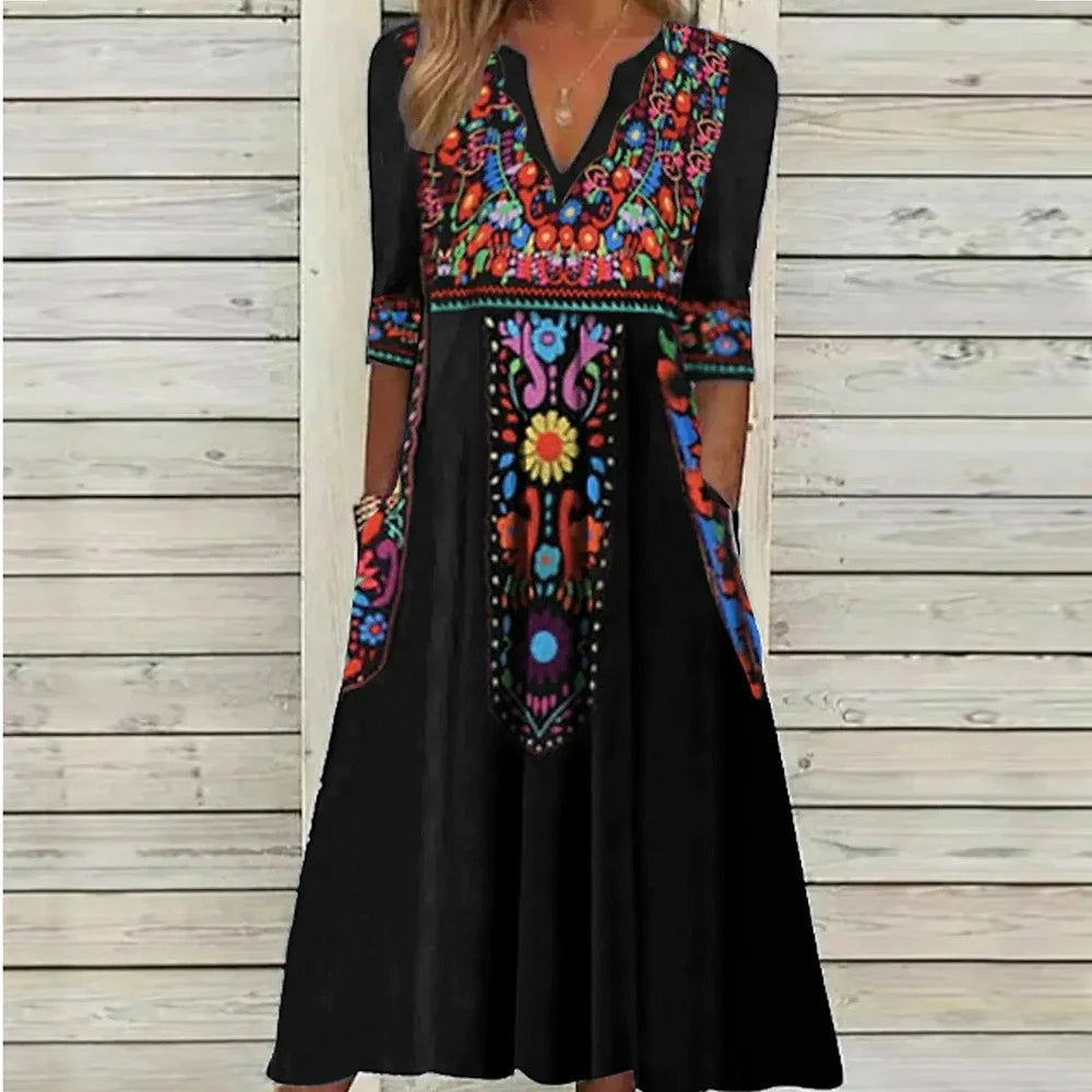 New Women's V-neck Pocket Bohemian Printed 3/4 Sleeve Dress for Women