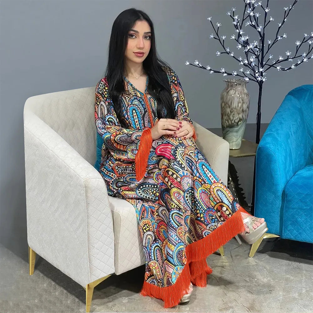 Muslim modest Abayas Dress Vintage Floral Print v-neck buttons Long Dresses  Kaftan Ramadan Woman Clothes robe femme 500158