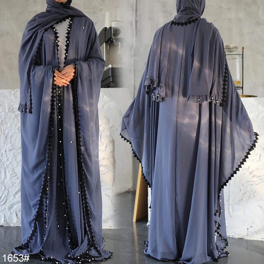 The new fashion trend for Muslim women Open abaya Dubai Eid lace sewn beaded clothing African Islamic lace-up loose abaya