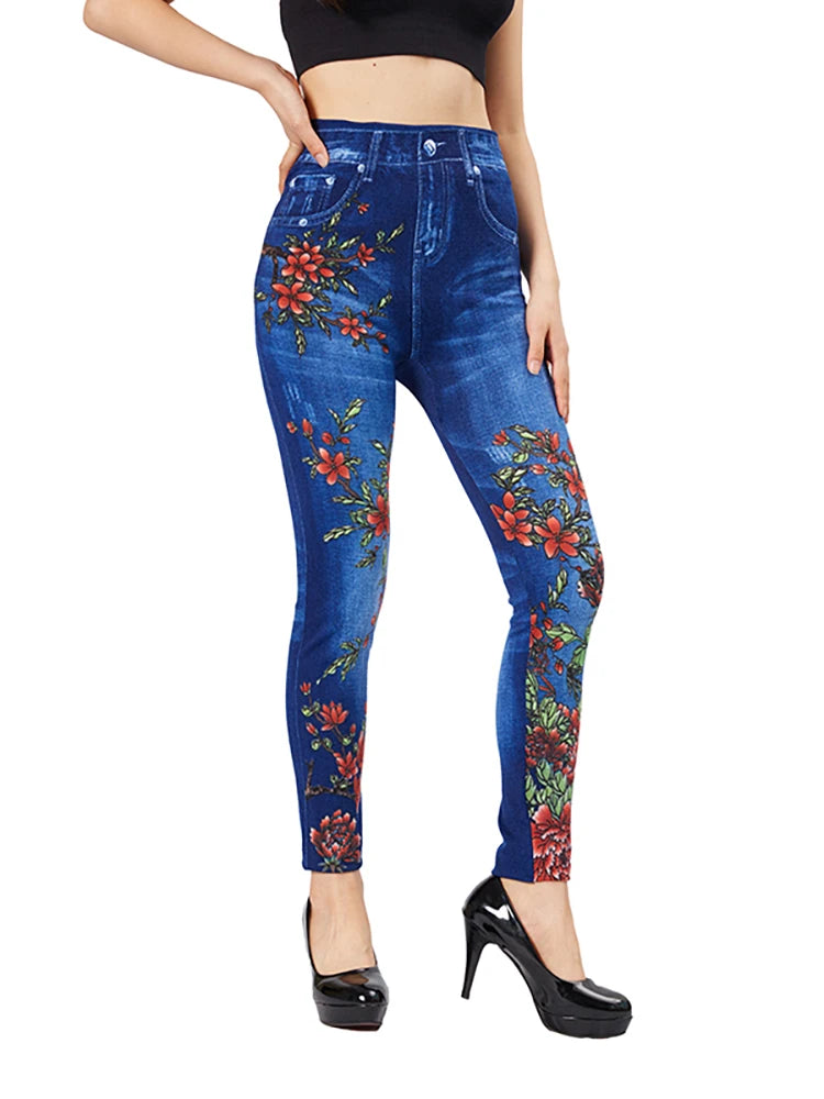 CUHAKCI Flame Flower Print Slim Fit Blue Jeggings Women's Casual  Pencil Pants Elastic Fake Pocket Jeans Workout Yoga Leggings