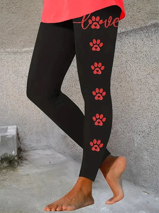 Leggings Cat paw print letter print tight stretch elastic waist comfortable casual leggings for women