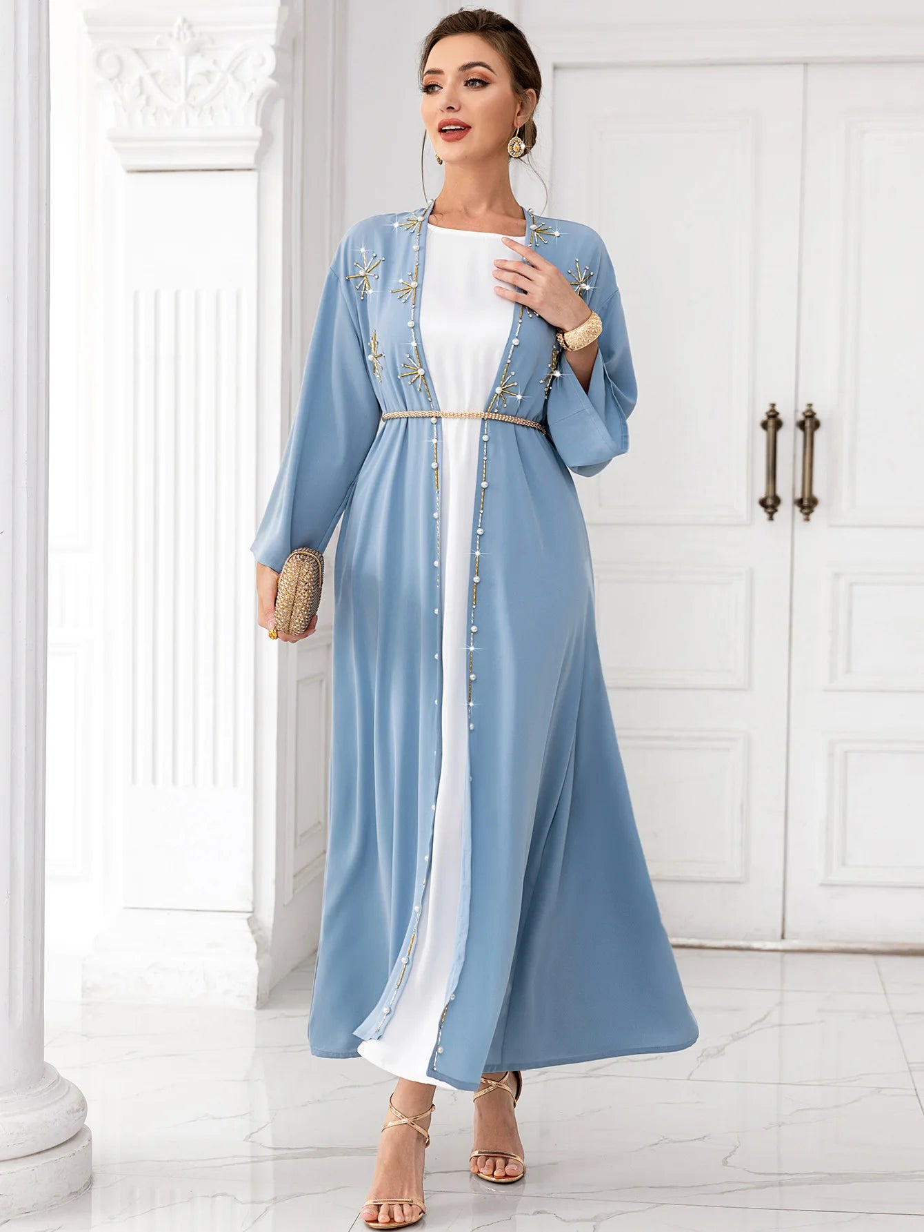 Dubai Women Long Abaya Open Kimono Cardigan Middle East Islamic Maxi Robe Class Luxury Rhinestone Arabic  Dubai