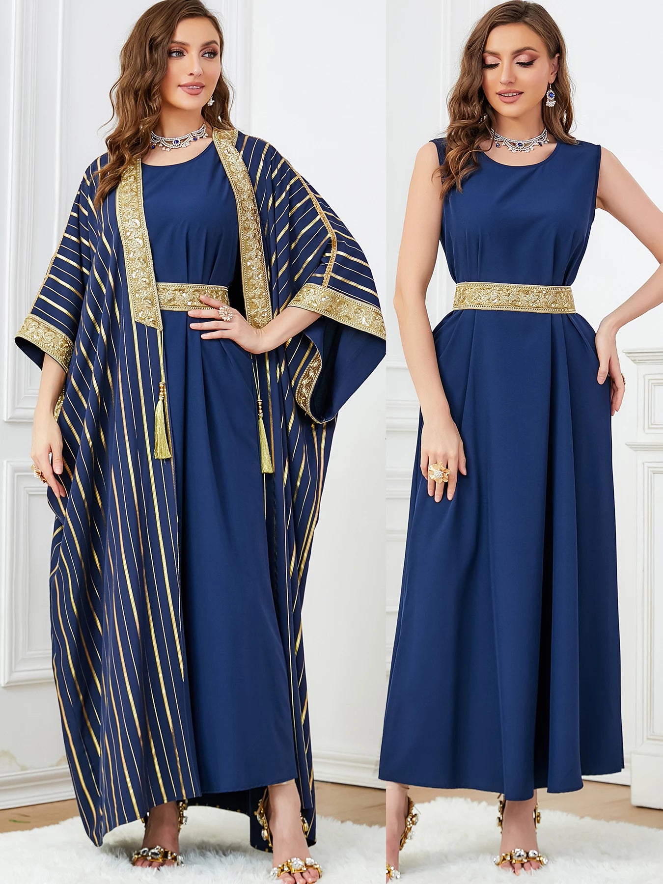 Autumn Muslim Dress for Women Abaya 2 Piece Set Half Sleeve Caftan Morocco Dubai Arab Party Long Dresses Kimono Robe 2023