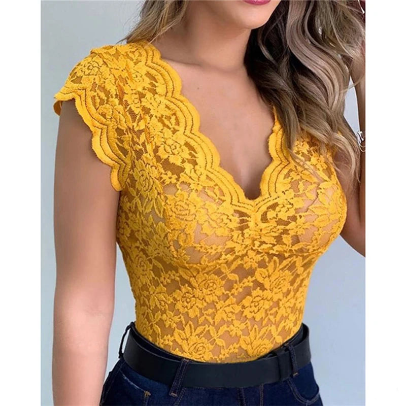 Summer Sexy V Neck Lace Vest Top Women Solid Sleeveless Tank Tops Female Elegant Floral Hollow Out Bodycon Clubwear T Shirt