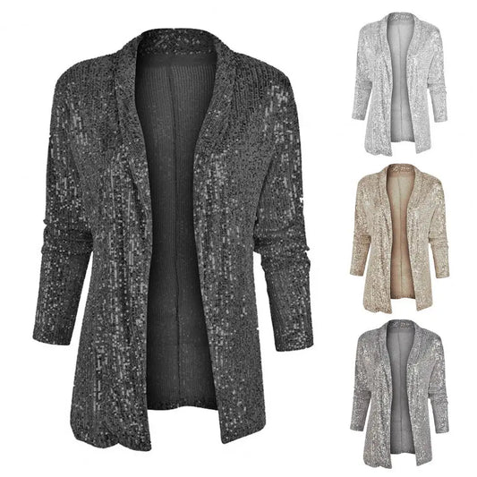 Women Sequin Cardigan Sequin Long Sleeve Cardigan for Women Shiny Open Stitch Jacket for Club Stage Performance Ol Commute