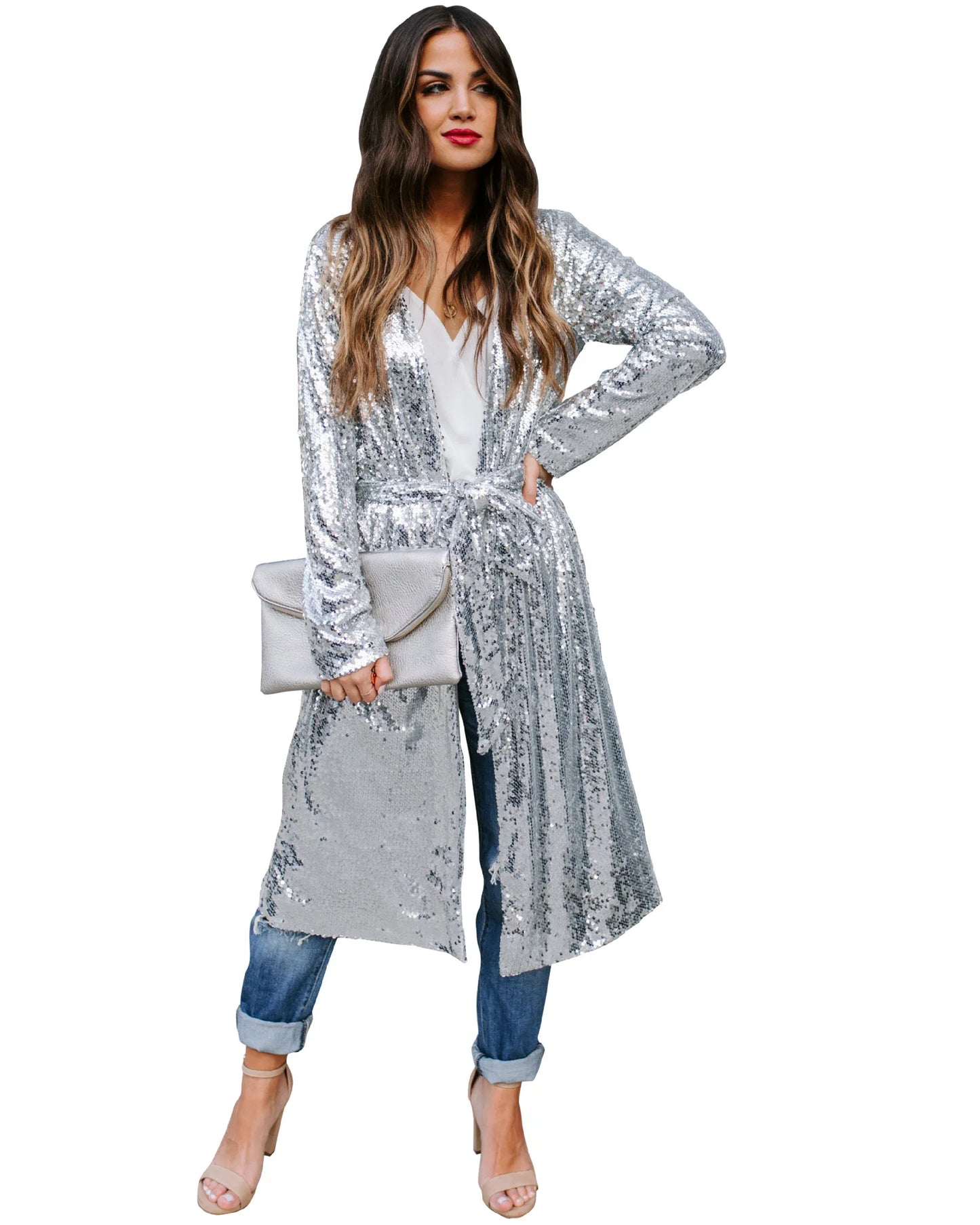 TS1000 Wholesale Items Women Sequined Coats Turn-down Collar Long Sleeve Outwears Cardigan Jackets