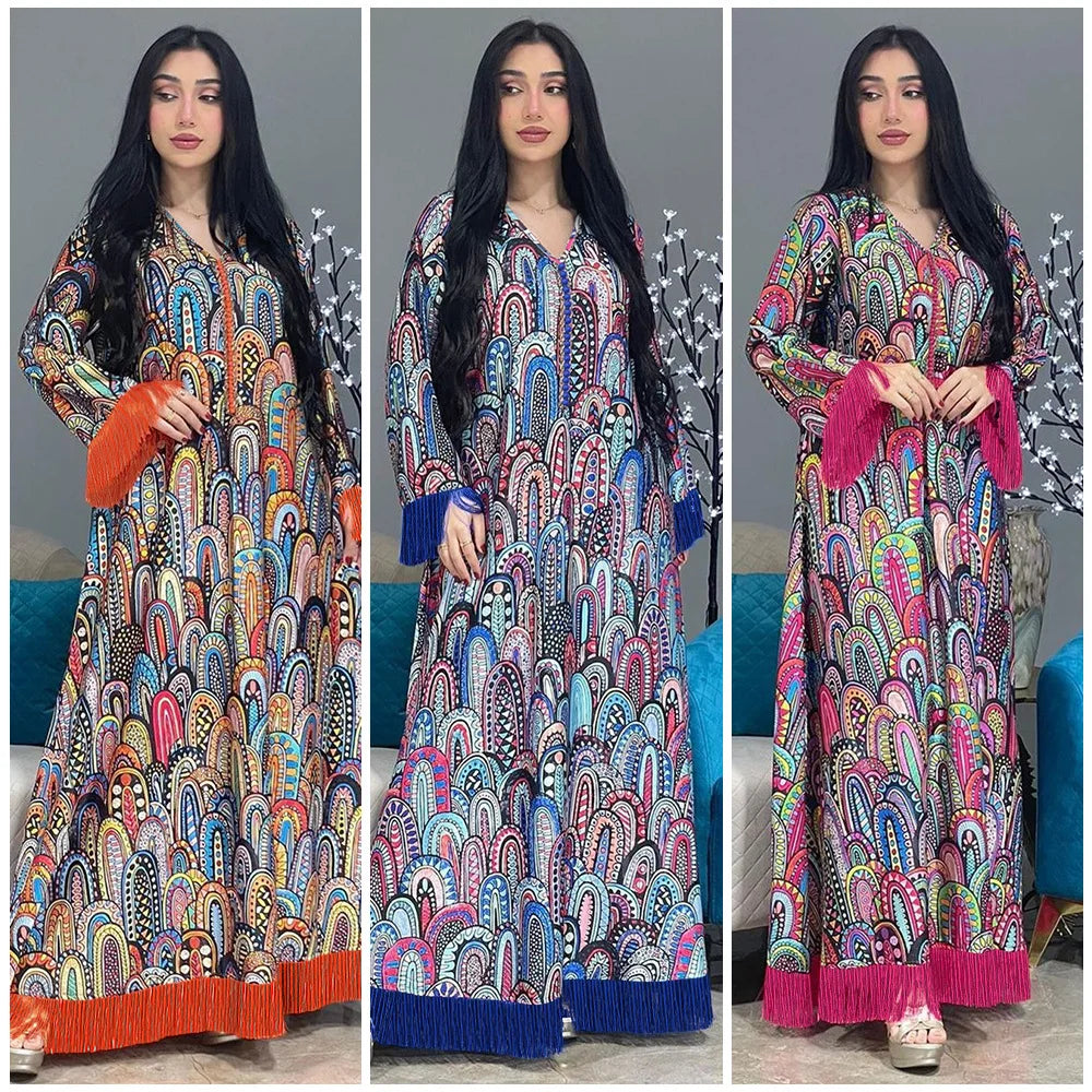 Eid Muslim Print Tassels Dress Women Abaya Jalabiya Long Dresses Abayas Ramadan Woman Turkey Moroccan Caftan Vestidos Elegant