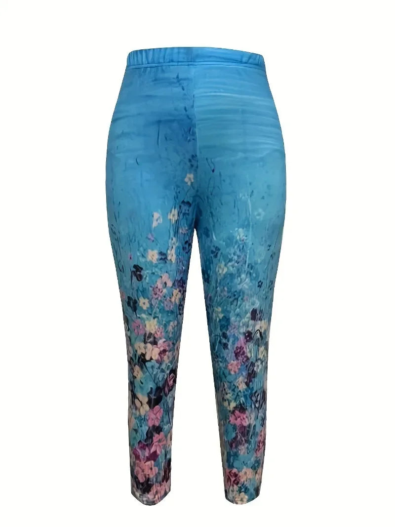 Plus Size 1XL-5XL Women Casual Capri Leggings Women's Plus Floral Print High Rise Skinny Capri Leggings