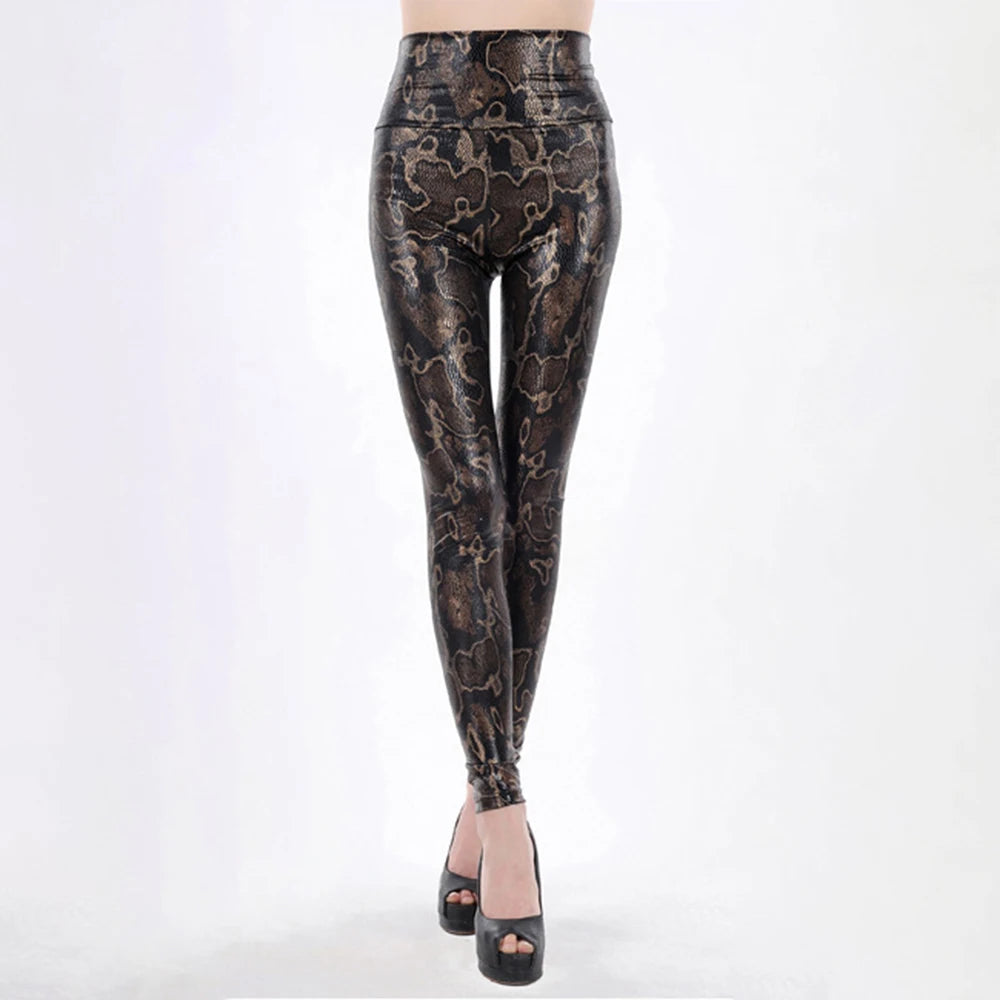 Women Sexy Faux Leather Snake Patterned High Rise Shiny Wet Look Shiny Print Slim Pants Stretch Leggings Cropped Women's Pants