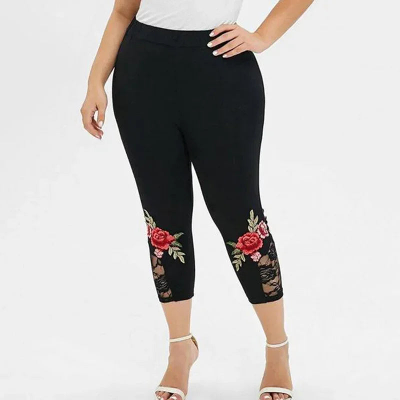 Women Rose Printed Lace Panel Slim Black Pants Female Casual Yoga Sports Elastic Leggings  S-2XL