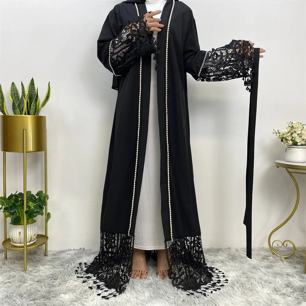 Eid Black Tassel Lace Open Abaya Women Muslim Dress Ramadan Kimono Cardigan Belted Islam Clothing Dubai Kaftan Turkey Robe Gown