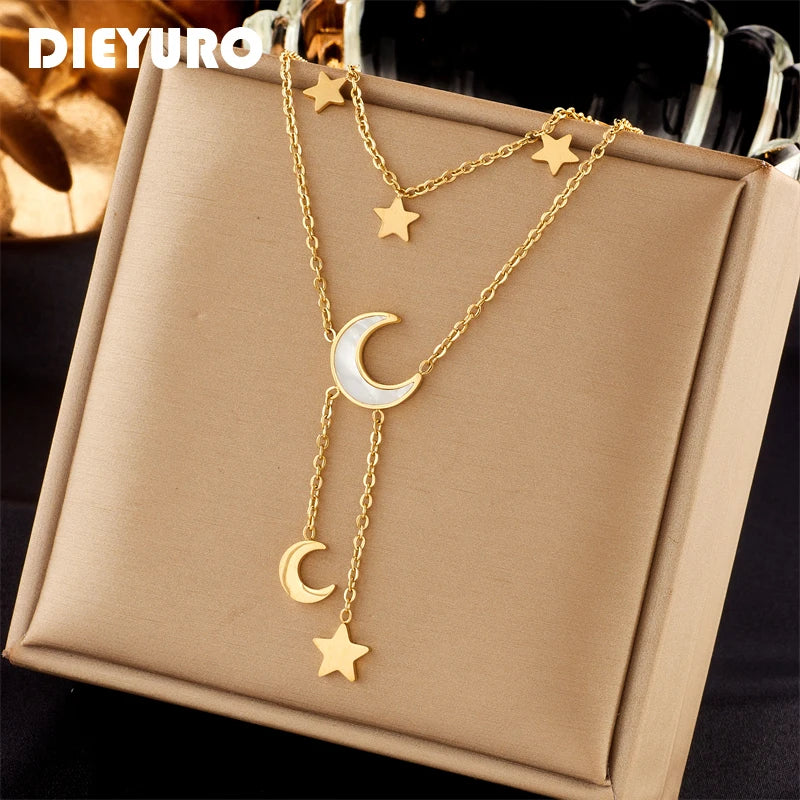 DIEYURO 316L Stainless Steel Star Moon Long Pendant Necklace For Women New Fashion Girls Multilayer Clavicle Chain Jewelry Gifts