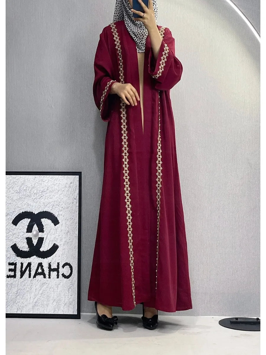 Women Eid Muslim Dubai Cardigan Embroidery Abayas Ramadan Saudi Arabia  Abaya  Vestidos Modest Long Robe Patchwork Belt