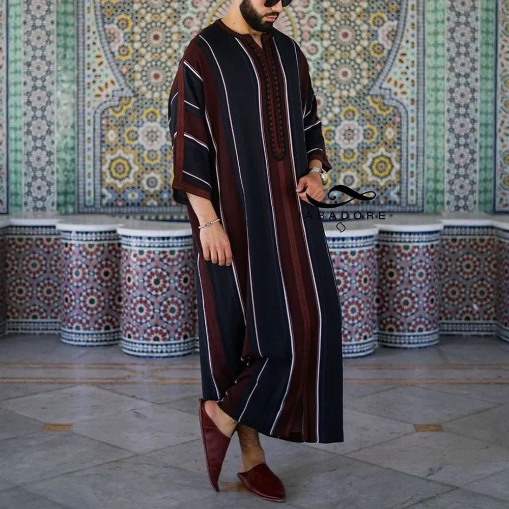 Muslim Men Fashion Abaya Arabic Islamic Clothing Loose Shirt Robe Jubba Thobe Ethnic Print Saudi Arab Middle East Male Vestidos