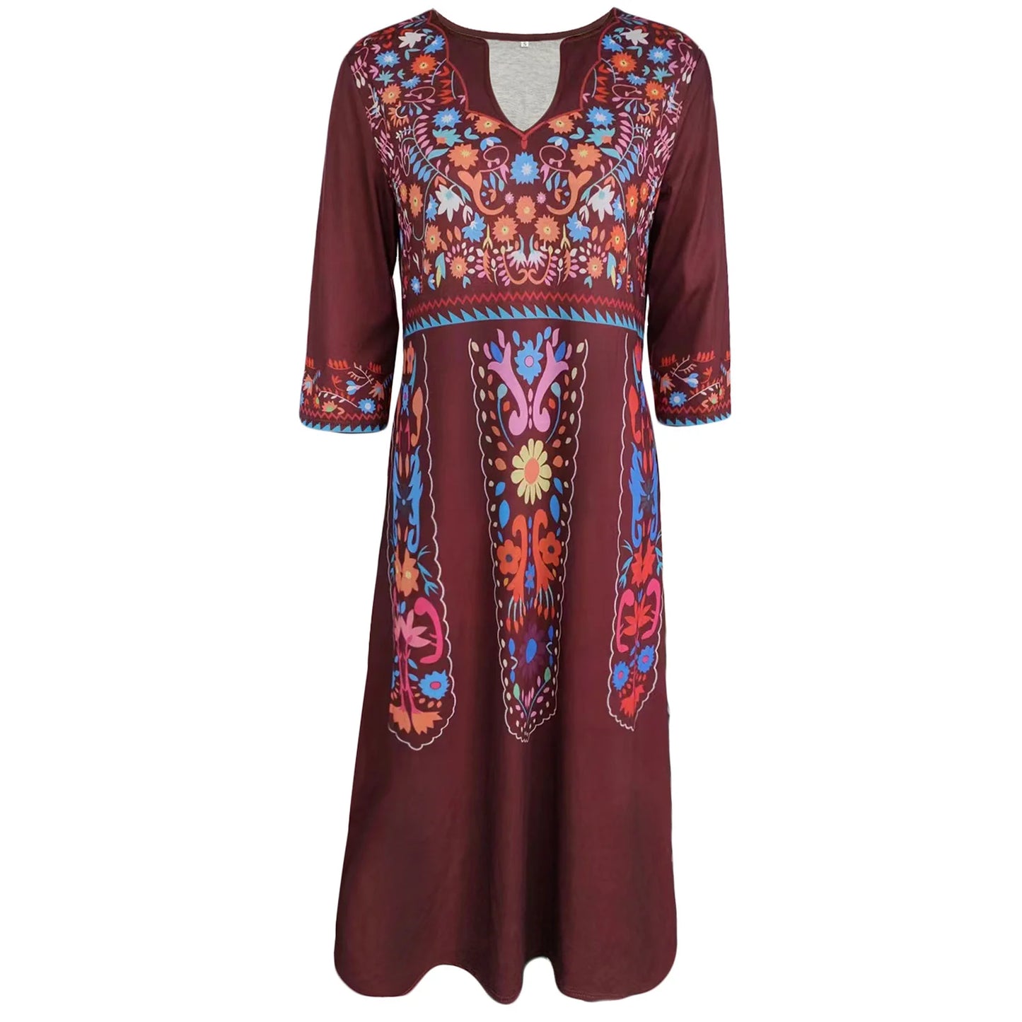 New Women's V-neck Pocket Bohemian Printed 3/4 Sleeve Dress for Women