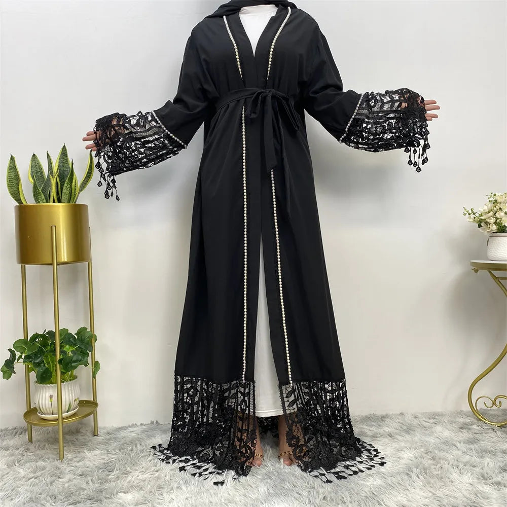 Eid Black Tassel Lace Open Abaya Women Muslim Dress Ramadan Kimono Cardigan Belted Islam Clothing Dubai Kaftan Turkey Robe Gown