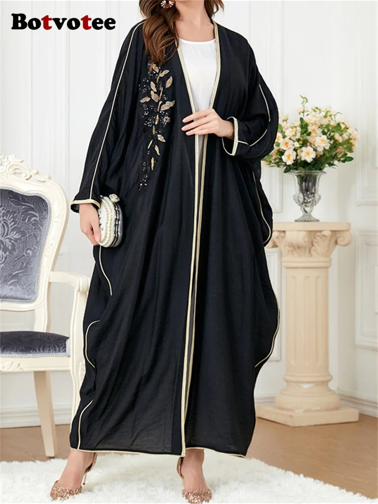 Botvotee Appliques Muslim Fashion Abaya for Women 2024 New Fashion Casual Batwing Sleeve Abaya Elegant Spliced Long Sleeve Abaya