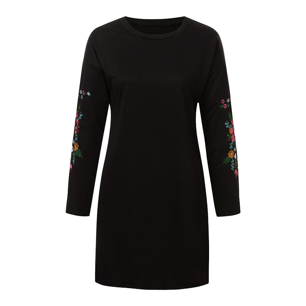 Women Autumn Winter Casual Long Sleeve Floral Embroidery Sweatshirt Dress