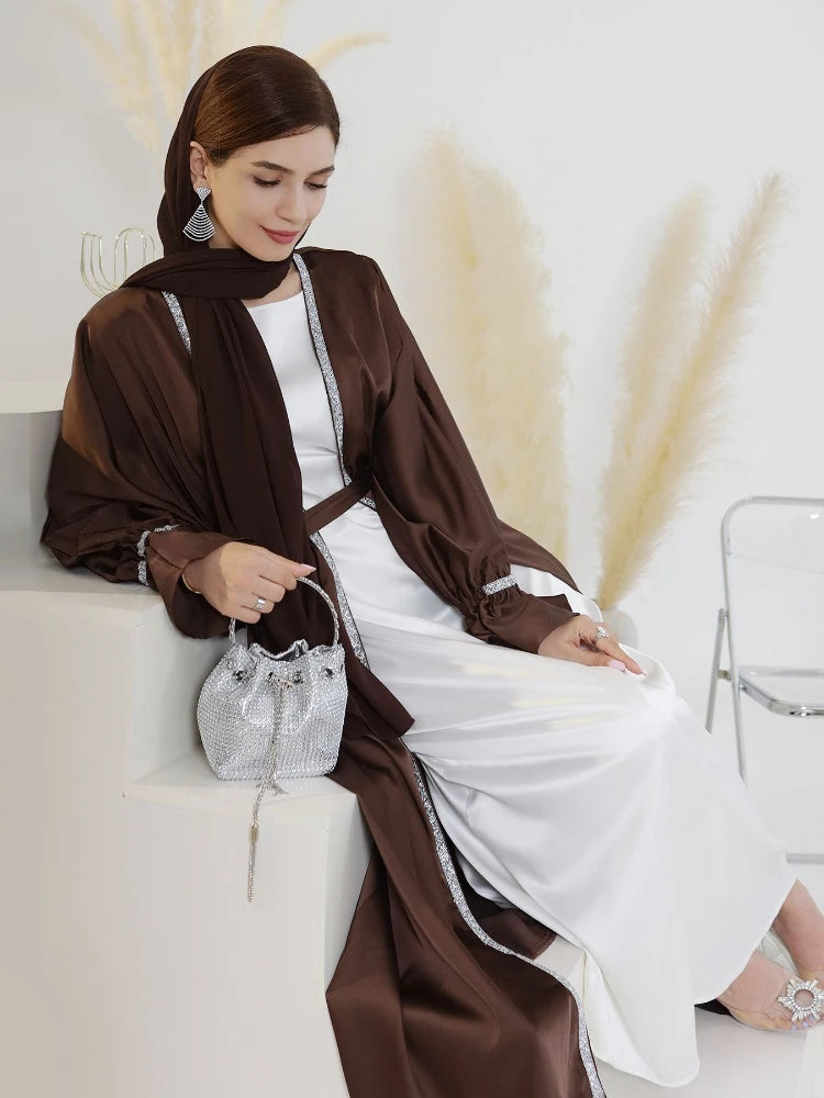 Eid Abaya Dress for Women 2 Piece Set Beading Woman Silky Satin Lace-up Party Abayas Suits Ramadan Dresses Robe Caftan Kaftan