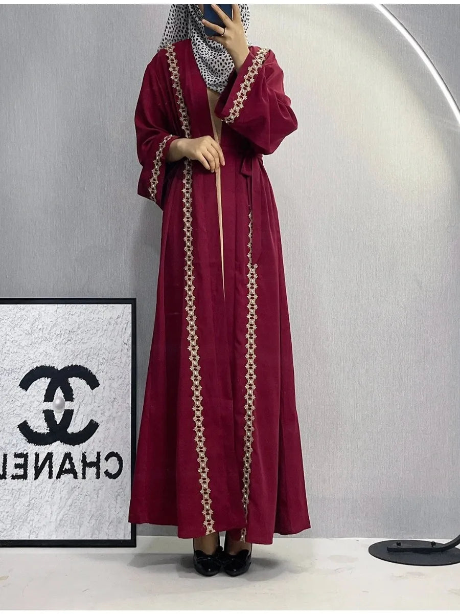 Women Eid Muslim Dubai Cardigan Embroidery Abayas Ramadan Saudi Arabia  Abaya  Vestidos Modest Long Robe Patchwork Belt